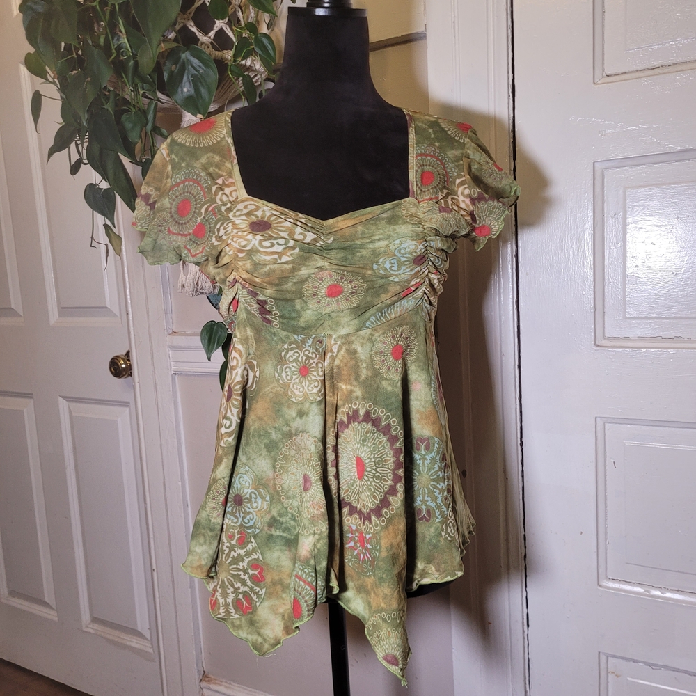 Medallion Printed Mesh Handkerchief Style Blouse